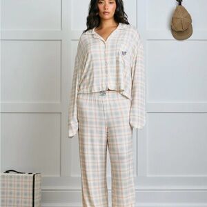 Cozy Plaid Pajama Set - Cream and Tan